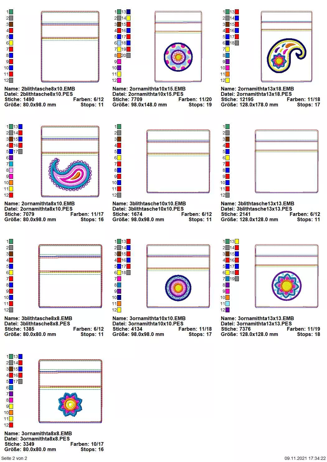 Stickdatei Set ITH Reißverschluss Taschen mit Ornamenten (ab 10x10) Seite 2