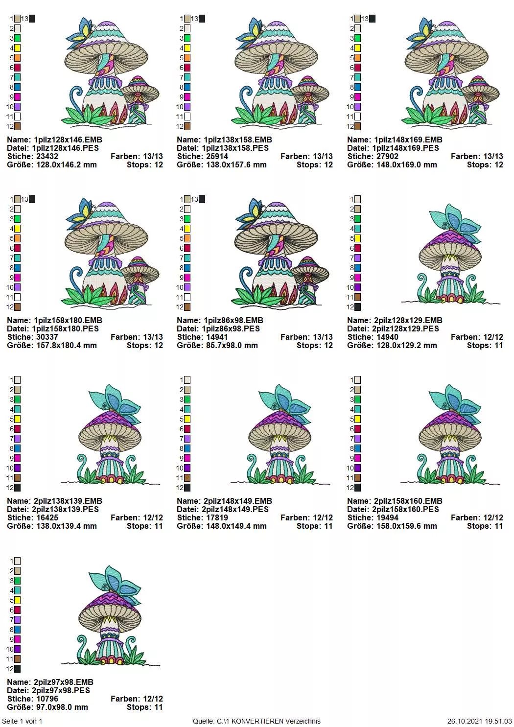 Stickdatei Set Pilze (ab 10x10)