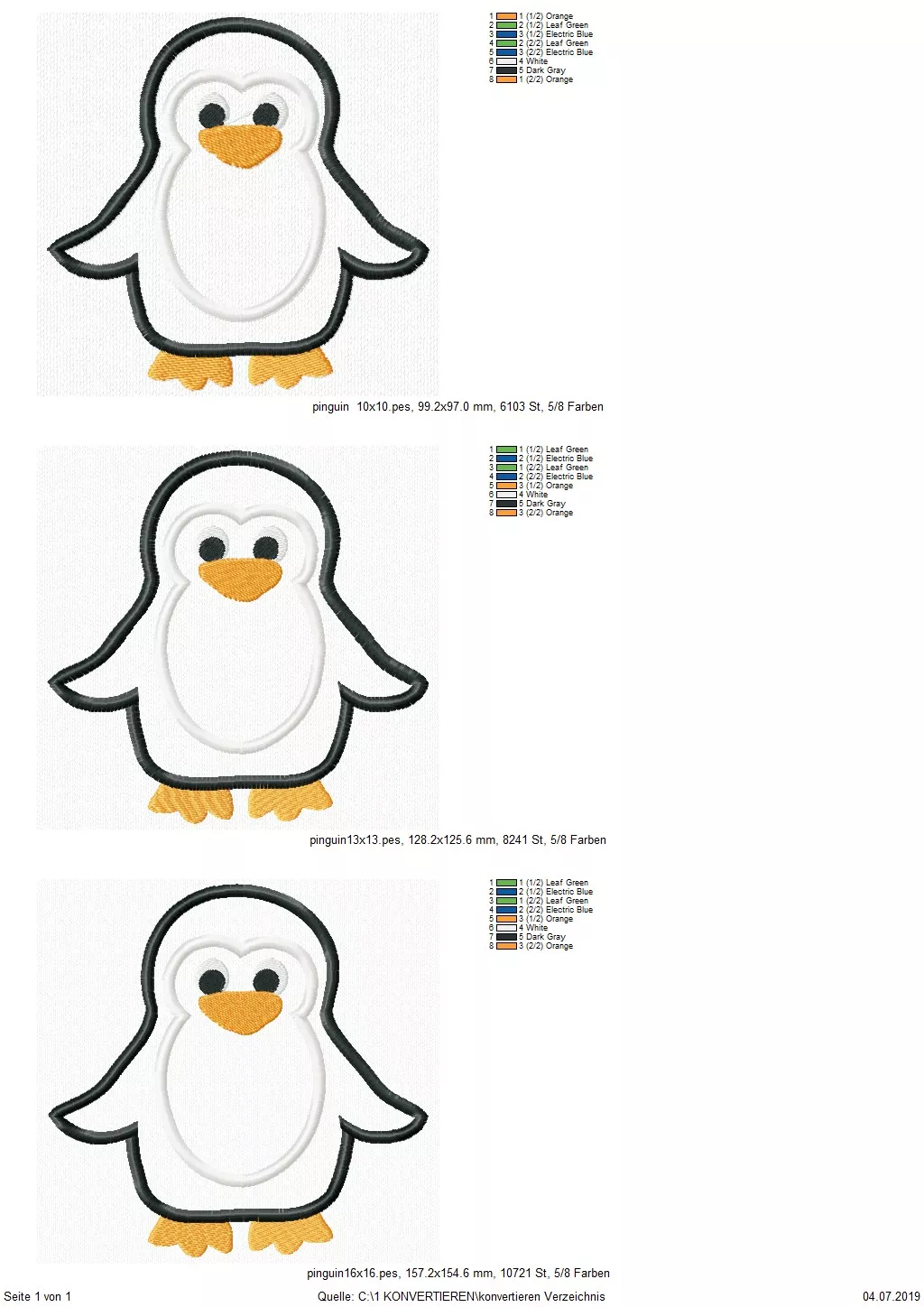Stickdatei Pinguin Applikation in 3 Größen