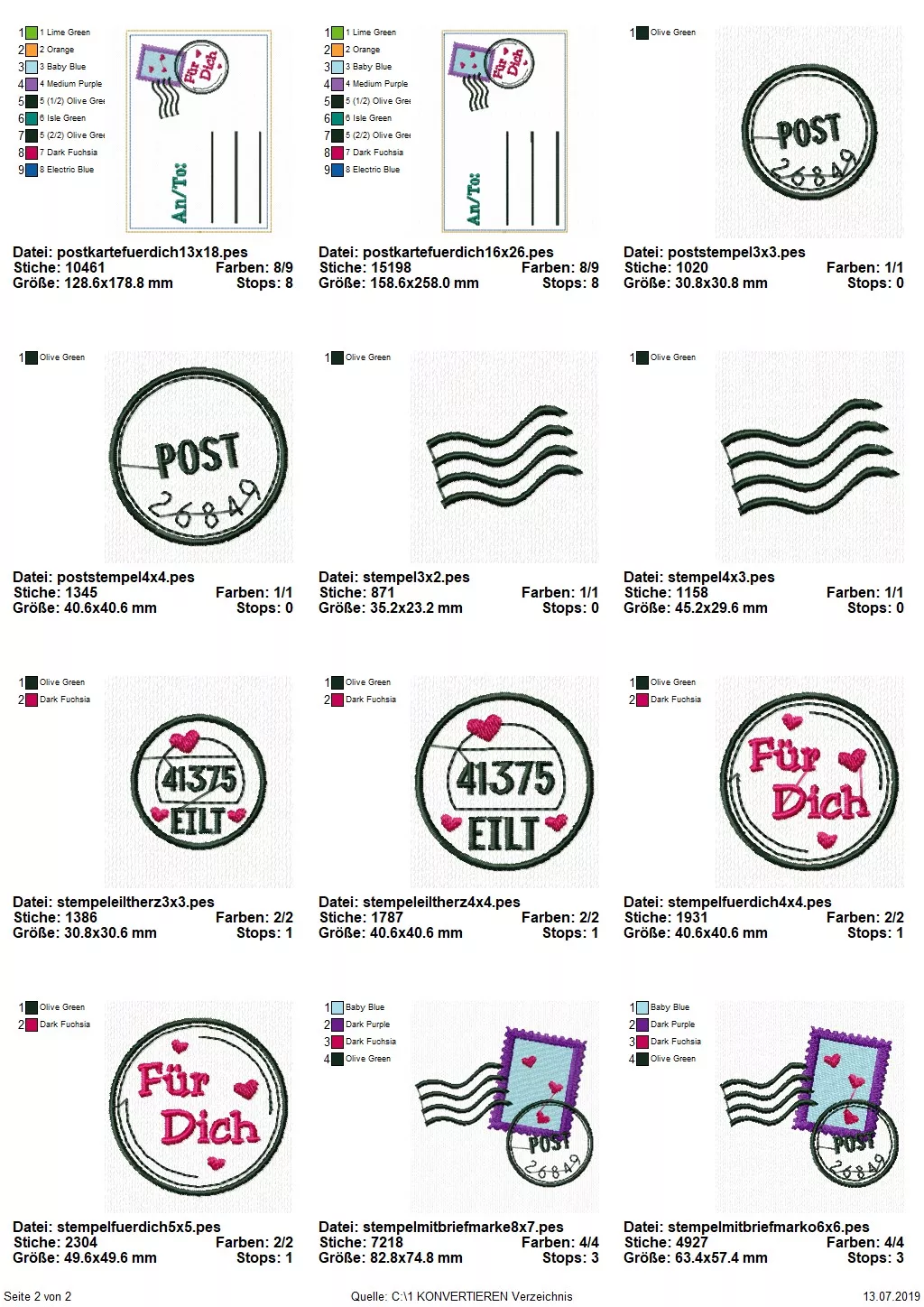 Stickdatei Set ITH Postkarten inkl. Abwandlung zur Geschenktasche (div. Größen) Seite 2