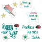 Preview: Stickdatei Set Happy new Year (10x10 Rahmengröße), Graphikdarstellung von 5 Ausfertigungen: 1 x Schwein auf Rakete mit Sternen; 2 mal Schriftzug mit Glücksklee und Marienkäfer ("happy new year"; "Frohes neues Jahr"); 1 länglicher Anhänger mit Glücksklee, 