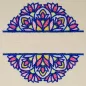 Preview: Stickdatei Set Mandalas + Split Mandala (div. Größen), Foto zeigt Ausfertigung des Ornaments mit Aussparung für Schriftzug auf hellem Stoff. Buntes Mandala-Ornament, obere/untere Hälfte gespiegelt.