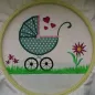 Preview: Stickdatei Set Kinderwagen Applikation u. Vollstick, Foto zeigt runden Stickrahmen mit hellem eingespanntem Stoff. Innerhalb des Rahmens in bunt Kinderwagen mit Stoffapplikation auf Wiese, Herzchen, Blumen.