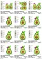Mobile Preview: Stickdatei Set Sweet Avocados, Übersicht über 12 Dateien, dabei 3 mal 2 unterschiedliche Früchte mit Kern nebeneinander, 9 mal eine einzelne unterschiedlichen Designs. Alle in grün gehalten mit braunem Kern im Inneren und mit Schleife und Stiel und mit Bl