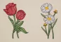 Preview: Stickdatei Set 6 Blumen für den 10x10 & 13x18er Rahmen, Foto zeigt hellen Stoff, bestickt mit 2 Blumenmotiven. 1 mal Tulpen, rot mit grünen Stielen/Blättern; 1 mal weiß-gelbe Blumen mit grünen Stielen/Blättern.