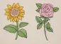 Preview: Stickdatei Set 6 Blumen für den 10x10 & 13x18er Rahmen, Foto zeigt hellen Stoff, der mit 2 Blumenmotiven bestickt ist. 1 mal Sonnenblume in gelb-braun mit grünem Stiel/grünen Blättern; 1 mal rosa Rose mit grünem Stiel/grünen Blättern.