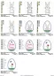 Preview: Stickdatei Set ITH-Stecker in Hasen- und Eiform, Übersicht mit 10 Dateien. 4 mal stehender Hase in Hasenumriss; 6 mal Osterei mit Innenbestickung (2 mal Hasenkopf; 2 mal Tulpe mit Schmetterling; 2 mal Schmetterling und Schriftzug "Frohe Ostern".