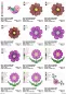 Preview: Stickdatei Set Folksy Flowers (div. Größen), Übersicht mit 12 Designs. 1 mal einzelner bunter Vogel; 3 mal rot-gelbe Blüte; 3 mal lila-rosa Blüte; 4 mal Blume; 1 mal Blüte mit Blütenranken.