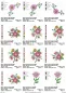 Preview: Stickdatei Set Folksy Flowers (div. Größen), Übersicht mit 12 Designs. 3 mal Blüte mit Blütenranken; 7 mal Blüten-Blätter-Arrangement; 2 mal rosa Blume.