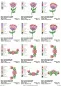 Mobile Preview: Stickdatei Set Folksy Flowers (div. Größen), Übersicht mit 12 Designs. 1 mal Blüte mit Blattgrün; 5 mal gebogene Blüten-Blattgrün-Ranke; 2 mal Blume in rosa; 4 mal Blume bunt.