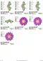Preview: Stickdatei Set Folksy Flowers (div. Größen), Übersicht mit 7 Designs. 4 mal Blüten mit Blattgrün; 3 mal Blütenkopf pink.