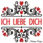Preview: Geteiltes Ornament in Schwarz mit roten Herzen und Schriftzug Ich liebe dich in rot