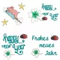 Preview: Stickdatei Set Happy new Year Tischdeko (div. Rahmengrößen), Graphik zeigt 4 Motive: 3 mal Schriftzüge "happy new year"/"Frohes neues Jahr" mit Glücksklee und Marienkäfer; 1 mal Schwein auf Rakete mit Sternen.