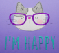 Preview: Stickdatei Spar-Set Cat Doodle Applikationen inkl. ITH Anhänger, Applikation Katzenkopf auf violettem Stoff. Beige-graue Katze mit lila Brille. Schriftzug "I´m happy" in türkis.