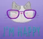 Mobile Preview: Stickdatei Set I'm Happy Cat Doodle Applikation inkl. ITH Anhänger, Foto zeigt Applikation auf lila Stoff. Katzenkopf aus grauem und weißem Material, fuchsiafarbener Brille. Darunter Schriftzug "I´m happy".