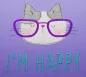 Preview: Stickdatei Set I'm Happy Cat Doodle Applikation inkl. ITH Anhänger, Foto zeigt Applikation auf lila Stoff. Katzenkopf aus grauem und weißem Material, fuchsiafarbener Brille. Darunter Schriftzug "I´m happy".