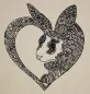Preview: Stickdatei Set Hase mit Herz inkl. Dateien für Bestecktaschen und Stabdesign (div. Größen). Foto zeigt auf hellem Stoff aufgesticktes Motiv in schwarz: Herz mit teilweiser Musterfüllung, aus dem Muster heraus schaut ein Hasenkopf mit derselben Musterung,