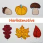 Preview: Ansicht gestickter Motive Eichel Kürbis Steinpilz Eichenblatt Ahornblatt  Birkenblatt