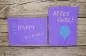 Preview: Stickdatei Set ITH Geburtstagskarten (10x10 u. 13x18), Foto mit 2 lila Karten, 1 im Hochkant-, 1 im Querformat. Bestickung: "HAPPY Birthday!"/Strahlen/Strich, bzw. Luftballon mit Schriftzug "Alles Gute!"
