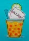 Mobile Preview: Stickdatei Set Hello Summer Cat Doodle Applikation inkl. ITH Anhänger, Foto zeigt Applikation auf türkisem Stoff. Katze, beigefarben im Glas mit Limettenscheibe und grünem Strohhalm, badend in orange-gelbem Drink.