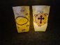 Preview: Stickdatei Set christliche Deko und Gastgeschenke (ITH), Foto zweier hell erleuchteter Lichtbeutel in dunklem Raum. Beide aus hellem Stoff, einer mit Fischsymbolen, dabei mittig großer Fisch. Der andere mit Kreuz auf hellem Schein, der von Fischen umrande