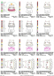 Preview: Stickdatei Set Little Sweet Cat Doodle Applikation inkl. ITH Anhänger, Übersicht mit 12 Dateien. 1 mal für Anhänger Katzenkopf, alle anderen für Applikation: 5 mal ganze Katze; 3 mal Katzenkopf, 3 mal Katzenkopf mit Schriftzug "Little Sweet".