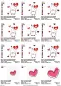 Mobile Preview: Stickdatei Set 5in1 Lovegnome Doodle-Applikationen, Übersicht mit 12 Motiven. 9 mal von Herzchen umrahmter Gnom, Herzluftballon haltend; 3 mal einzelnes Herz.