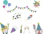 Preview: Stickdatei Set Gnom Silvesterparty mit ITH Kartenhüllen & Einzelmotive, sichtbar sind hier diverse Silvestermotive: Luftballons; Girlande; Feuerwerksschein; Musiknoten; Rakete; Tischfeuerwerk; Sekt; Sektgläser; 2 Gnome mit Wunderkerze, bzw. Rakete.