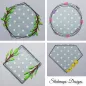 Preview: Stickdatei Set Floral Frames Doodle Applikationen, 4 Fotos mit je 1 unterschiedlichen Ausfertigung, Applikation je grauer Stoff, weißgepunktet, auf grauem Untergrund. Unterschiedliche Abstickungen: Runder Kranz mit 2 Blattranken; runder Kranz
