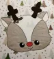 Preview: Stickdatei Set Christmas Faces Doodle-Applikationen. Foto von Applikation eines Rentierkopfes, aufgebracht auf gemusterten Stoff mit Weihnachtsdruck.