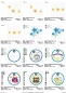 Preview: Stickdatei Set Schulanfang (div. Rahmengrößen), Übersicht mit 12 Dateien. 4 mal Sterne; 2 mal Sternhaufen; 1 mal Blanko-Anhänger; 5 mal Anhänger, bestickt (Einhornkopf; Sterne; Eule; Schmetterling; Löwenkopf), teilweise Schriftzug "Erstklassig".