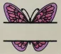 Preview: Stickdatei Split Butterfly 2, Foto mit pink-rot-schwarzem Schmetterling auf hellem Stoff. Davor mittig quer ein freier Bestickungsplatz.