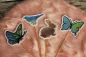 Preview: Stickdatei Set ITH Frühlings-Stabdesigns, Foto mit 4 Designstäben, auf orangem Fell liegend. Motive: Schmetterlinge divers (blau-grün), Hase (braun), Vogel (blau-gelb).