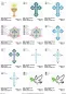 Preview: Stickdatei Set christliche Symbole, Übersicht mit zwölf Dateien. Einmal Kelch mit Sonne, zweimal Kreuzschein mit Symbolfischen, zweimal Taube mit Zweig im Schnabel, siebenmal diverses Kreuzmotiv.