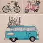 Preview: Hier siehst du drei Stickmotive: Ein Hippie-Bus, ein Fahrrad und ein Retro Roller. Alle Fahrzeuge sind mit Blumen geschmückt.