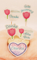 Preview: Stickdatei Set Danke & Genesung-Stabdesigns, Foto zeigt 5 Ausfertigungen. 1 liegendes Herz, blauer Tupfenkranz, Innenbestickung rosa-rot-lila, Schriftzug türkis "Danke". 4 helle Designstäbe, je rosa Tulpe und grüner Schriftzug "Danke", bzw. "Alles Gute"