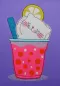 Preview: Stickdatei Set Hello Summer Cat Doodle Applikation inkl. ITH Anhänger, Foto zeigt Applikation auf lila Stoff. Katze, beigefarben im Glas mit Zitronenscheibe und grünem Strohhalm, badend in rosarotem Drink.