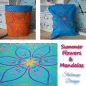 Preview: Stickdatei Set Summer Flowers & Mandalas (div. Größen), Foto-Trilogie mit Reißverschlusstasche, Utensilo, Ausschnitt gesticktes buntes Blütenmuster auf türkisem Stoff.
Taschen aus diversen Stoffen mit Stickmotiv. Motive blütenartig, mal filigraner, mal di