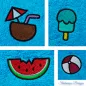 Preview: Stickdatei Set Summergnomes Handtuchmotive, 4 Abbildungen von je blauem Frotteestoff mit diversen Motiven. 1 mal Eisbecher mit Strohhalm/Schirmchen, 1 mal Stieleis, 1 mal Ball, 1 mal angebissenes Wassermelonenstück.