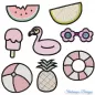 Preview: Stickdatei Set Summergnomes Handtuchmotive, Abbildung zeigt 8 diverse Stickmotive in dezenten Farben: Angebissenes Wassermelonenstück, Zitronenspalte, Stieleis, Wassertier "Flamingo", Blümchenbrille, Ball, Rettungsring, Ananas.