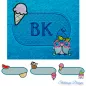 Preview: Stickdatei Set Summergnomes Handtuchmotive, Abbildungen zeigen 1 mal auf blauem Frotteestoff ovalen Stickplatz mit Initialien "BK". An den Randstellen Bestickung mit farbiger Eistüte und lustigem Gnom. Außerdem 3 weitere Abbildungen mit länglichem abgerun