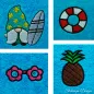 Preview: Stickdatei Set Summergnomes Handtuchmotive, gezeigt werden 4 Fotos von blauem Frotteestoff mit unterschiedlichen bunten Stickmotiven: Gnom mit Surfbrett, 1 mal Rettungsring, 1 mal Blümchenbrille für den Gnom, 1 mal Ananas.