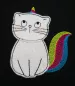 Preview: Stickdatei Set KittyCorn Doodle-Applikation inkl. ITH Anhänger, Foto mit Katze im Einhorn-Design vor schwarzem Hintergrund. Horn und Schwanz sind bunt gestickt, die Katze selbst ist aus hellem Filz.