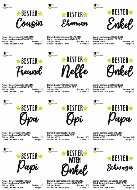 Stickdatei Set Schriftzüge "die besten" 10x10. Diverse Variationen in einer Übersicht: Bester Cousin, Bester Ehemann, Bester Enkel, Bester Freund, Bester Neffe, Bester Onkel, Bester Opa, bzw. Opi, Bester Papa, bzw. Papi, Bester Patenonkel, Bester Schwager