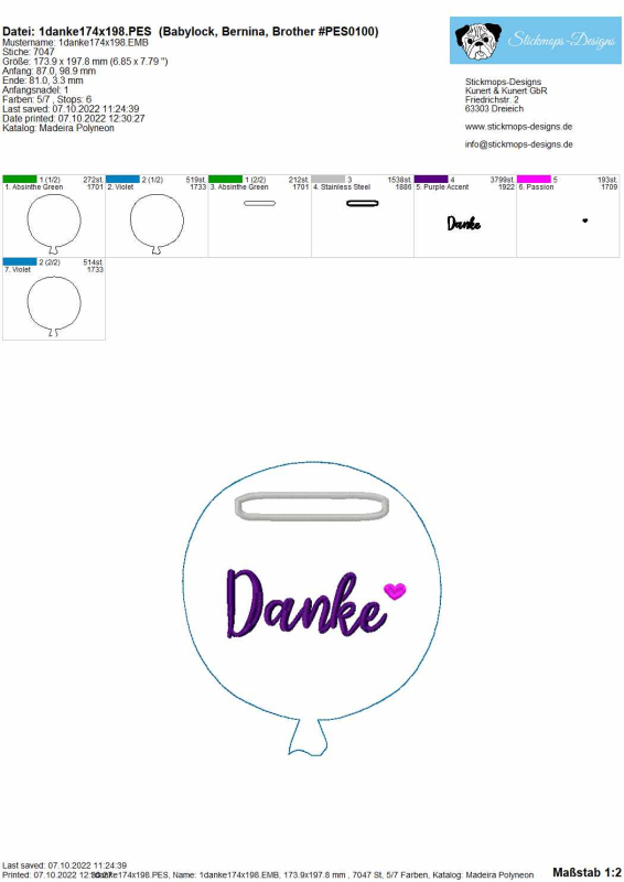 Preview: Farblagen Danke Stickdatei Ballon Stabdeko