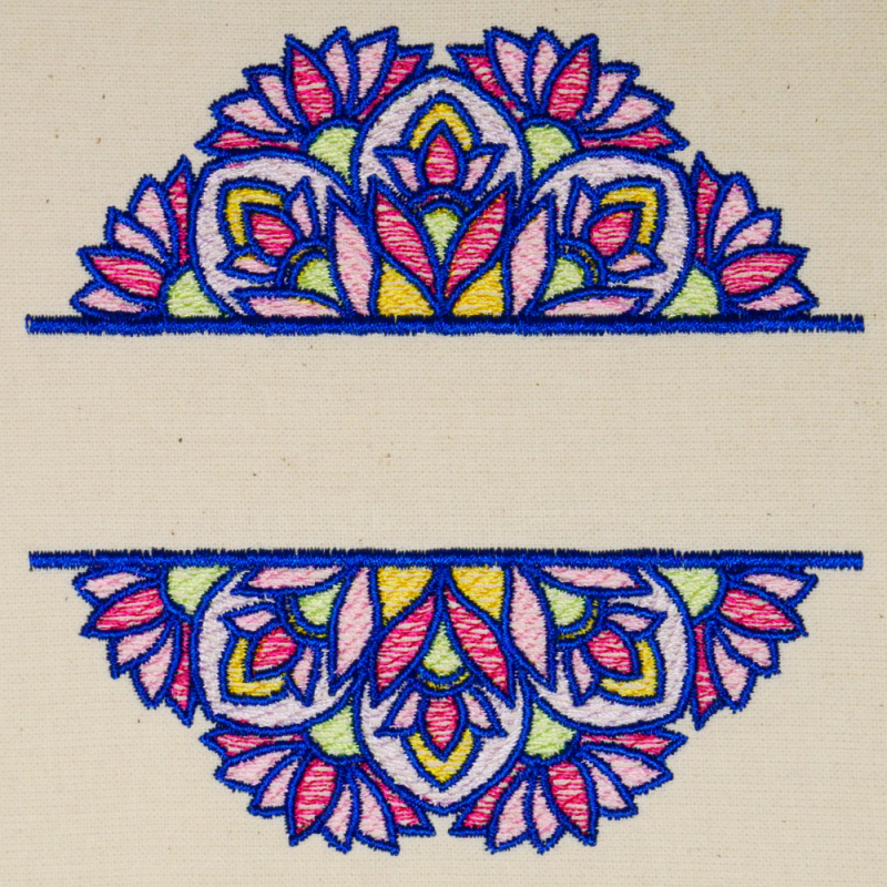 Preview: Stickdatei Set Mandalas + Split Mandala (div. Größen), Foto zeigt Ausfertigung des Ornaments mit Aussparung für Schriftzug auf hellem Stoff. Buntes Mandala-Ornament, obere/untere Hälfte gespiegelt.