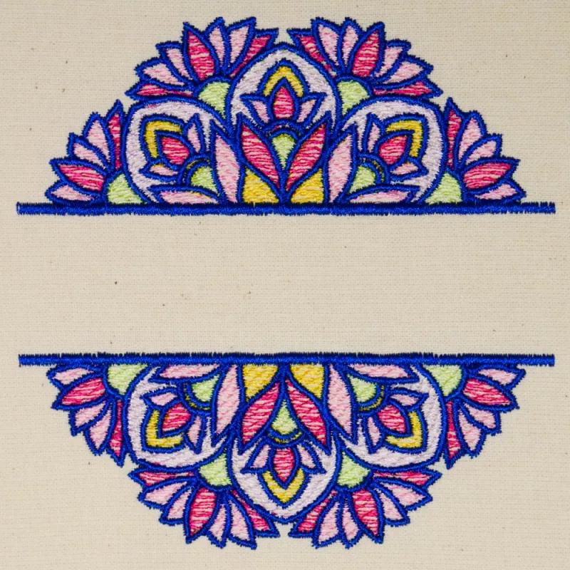 Stickdatei Set Mandalas + Split Mandala (div. Größen), Foto zeigt Ausfertigung des Ornaments mit Aussparung für Schriftzug auf hellem Stoff. Buntes Mandala-Ornament, obere/untere Hälfte gespiegelt.