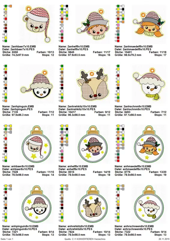 Stickdatei Set ITH Anhänger Christmas Faces, Übersicht zeigt 12 Dateien. 6 mal Weihnachtsbaumkugel mit Köpfen von Mädchen, Junge, Teddybär, Rehkitz, Schneemann. 6 mal einzelne Köpfe ebendieser Stickmotive.