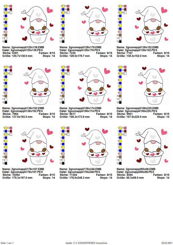 Preview: Stickdatei Lovegnome 2 Doodle-Applikation, Übersicht mit 9 Dateien. Alle mit in einem Hut stehenden Gnom mit vielen Herzchen.
