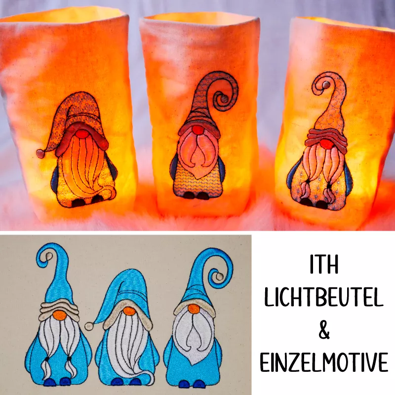 3 Gnome auf Lichtbeuteln aufgestickt und nochmal als Einzelmotiv auf Baumwolle.